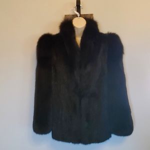 Vintage Saga Mink black jacket with black Fox sleeve and collar trim.  Size M.